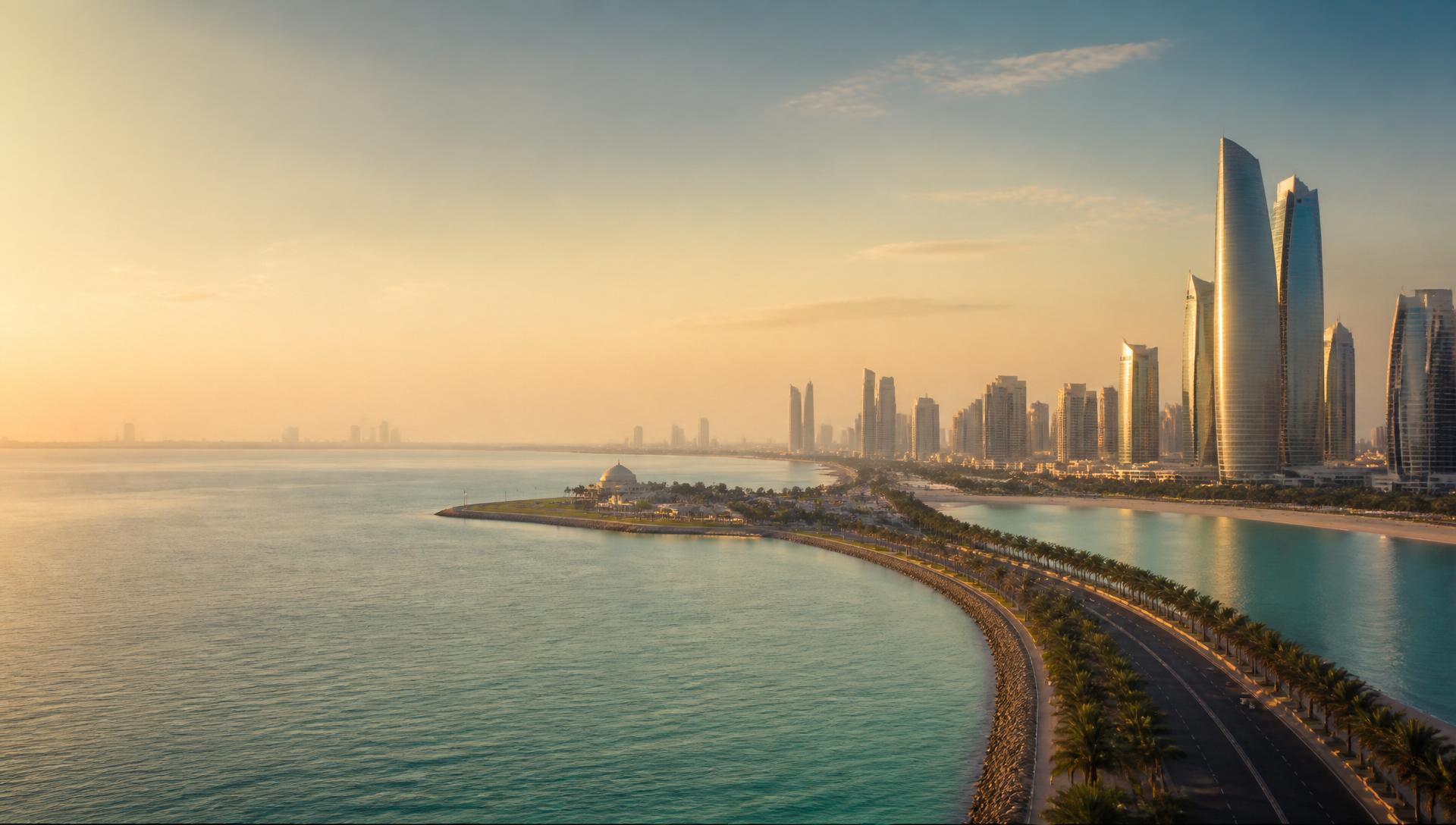 Aerial view at golden hour of the Arabian Gulf coastline and a palm-lined corniche curving toward a modern skyline